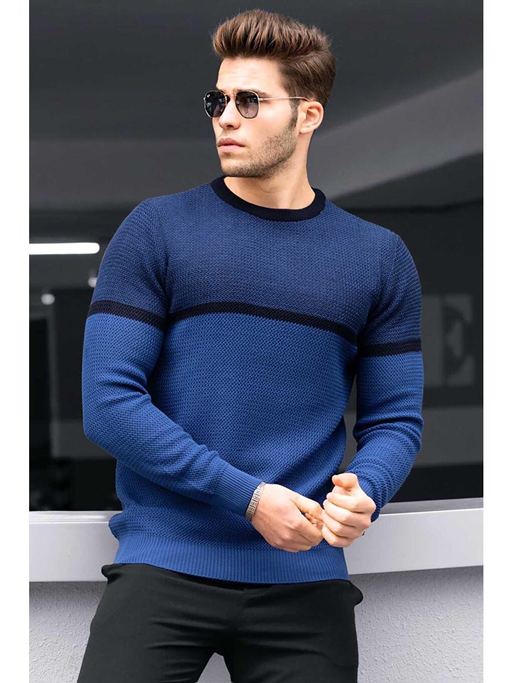 Madmext Indigo İndigo Renk Bloklu Erkek Kazak 4734