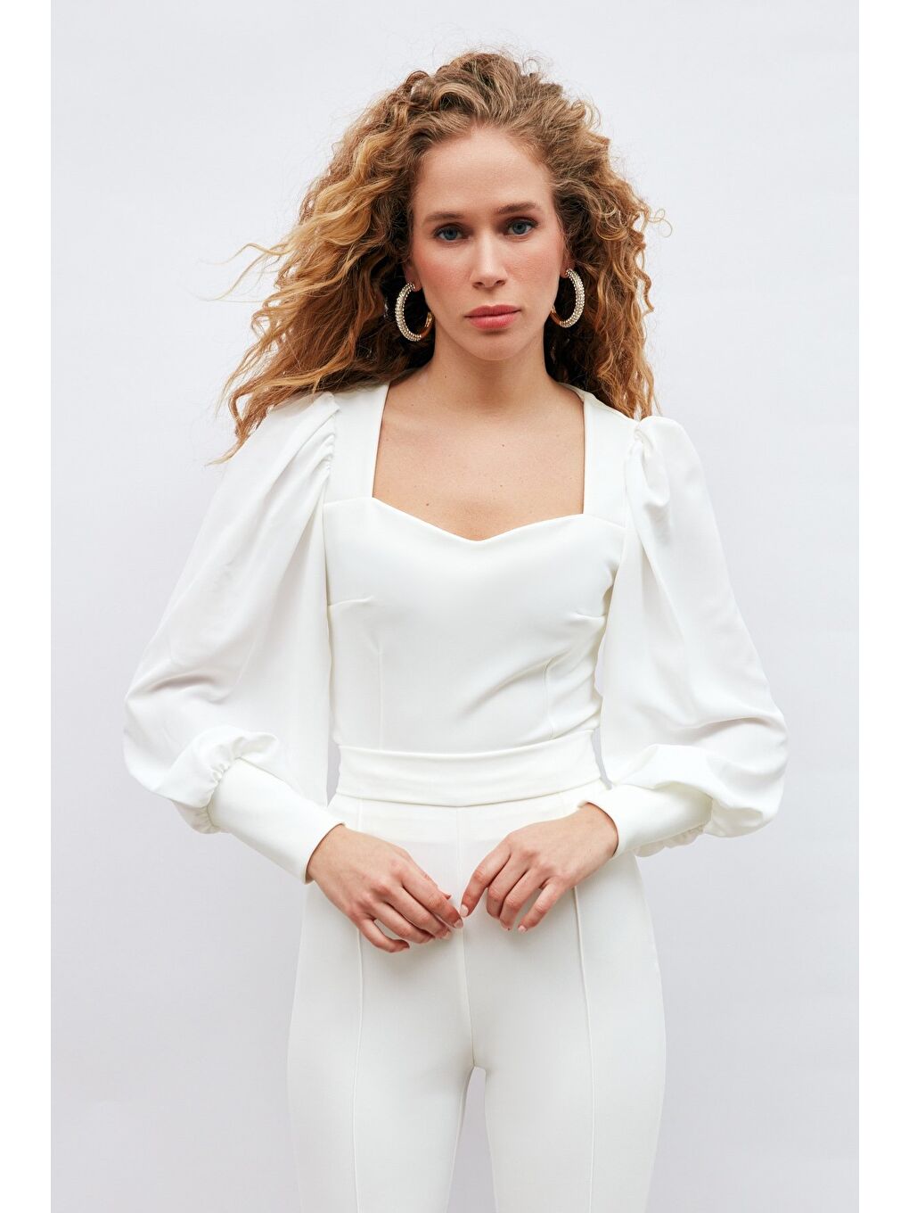 Balon Kol Crop Bluz - Ekru-3