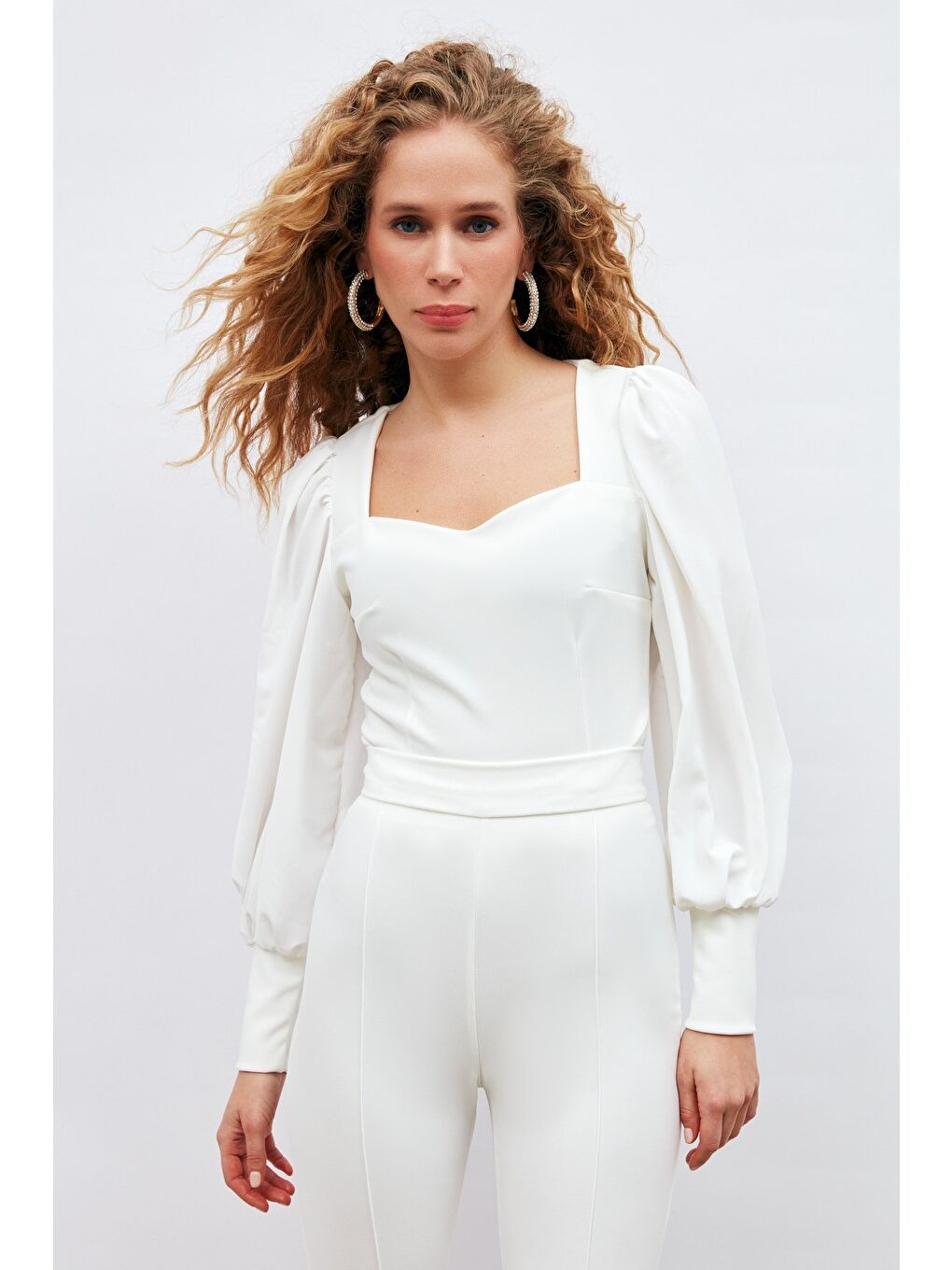 Balon Kol Crop Bluz - Ekru-4