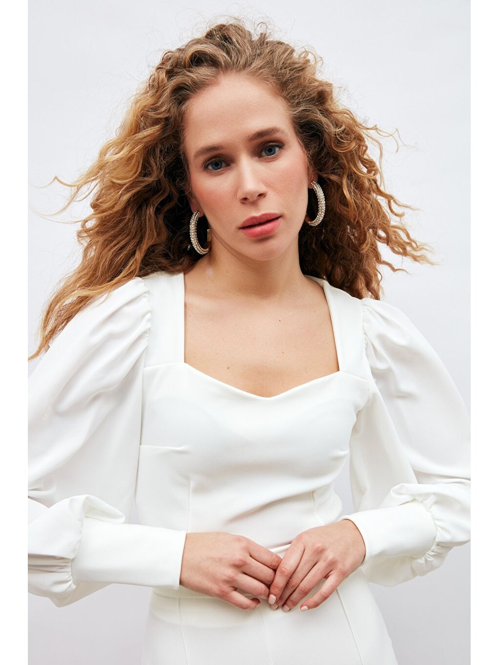 Balon Kol Crop Bluz - Ekru-5