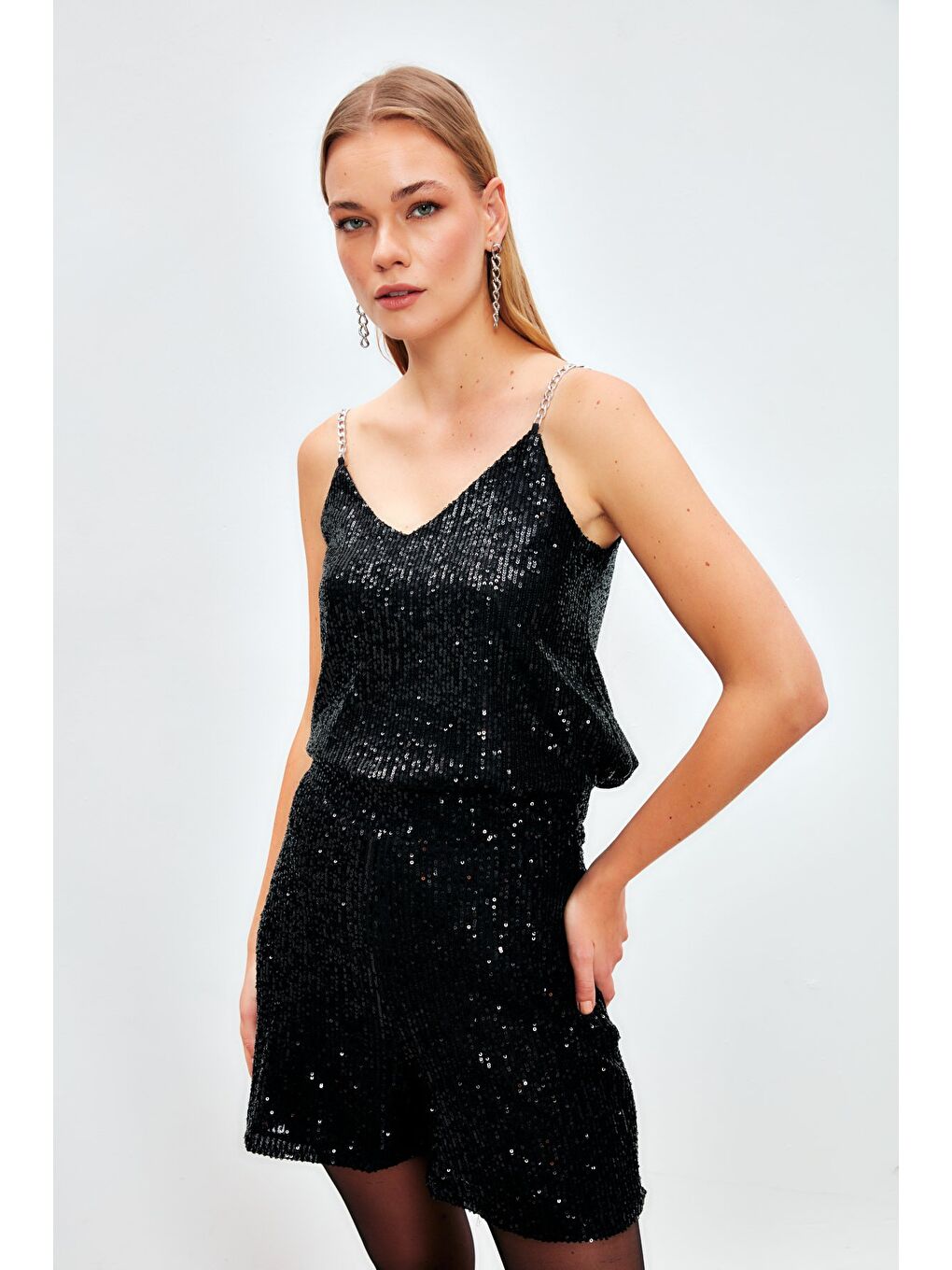 Zincir Askılı Payet Bluz - Siyah-2