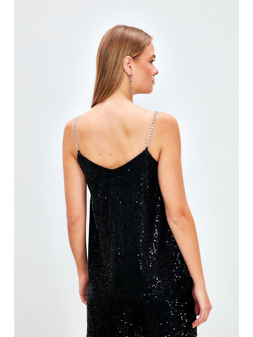 Zincir Askılı Payet Bluz - Siyah-5