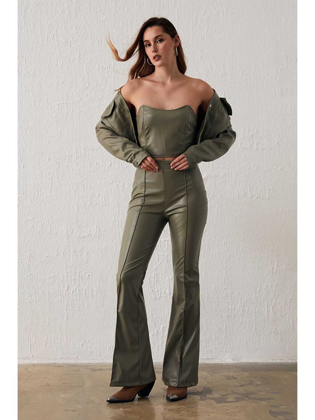 Deri Straplez Bluz - Çağla Yeşili-5