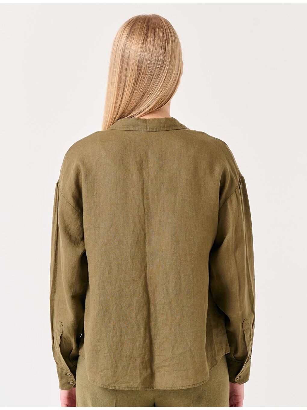 Haki Uzun Kollu Boncuk İşlemeli Keten Gömlek-4