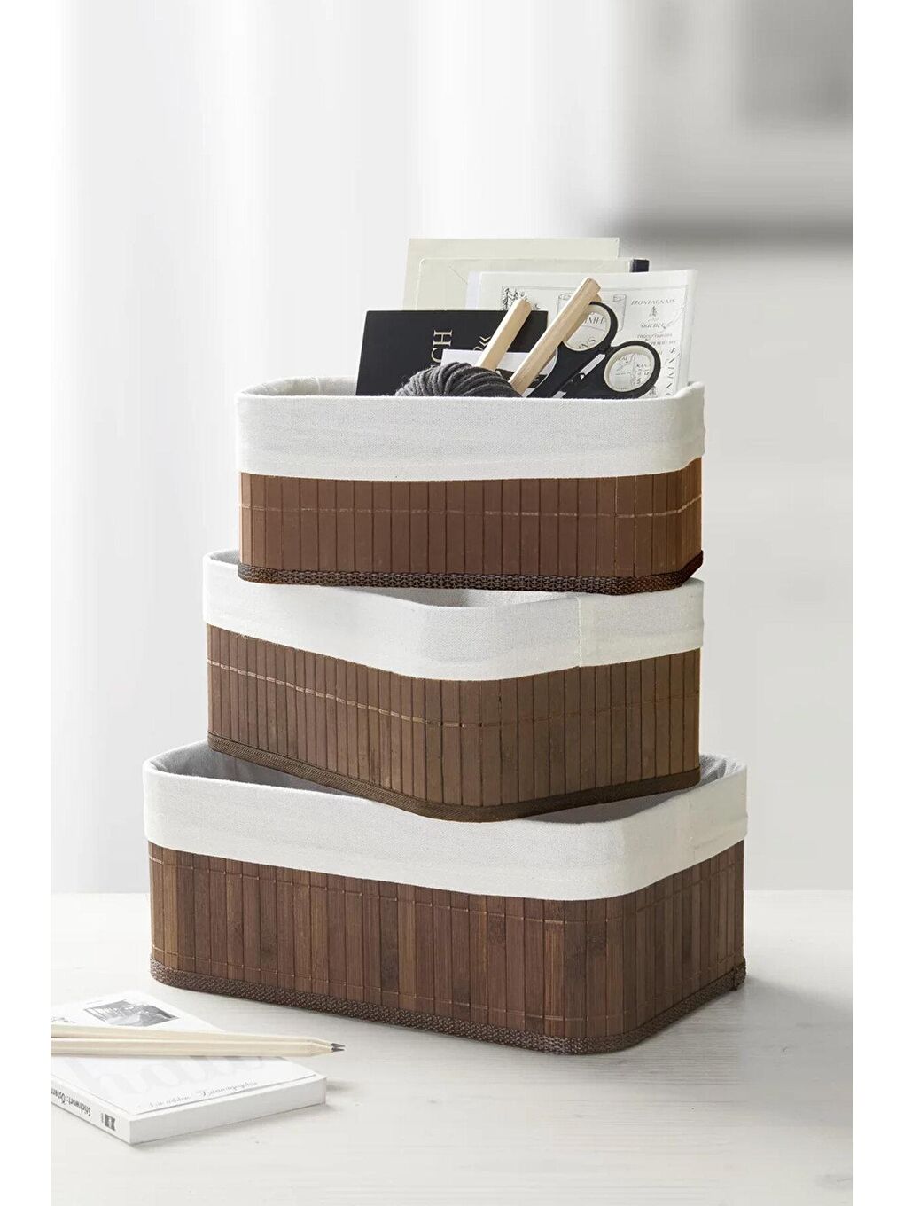 Kahverengi 3'lü Bambu Sepet Naturel Astarlı Çok Amaçlı Saklama Kutusu - Banyo Kozmetik Mutfak Organizeri Kahve-1