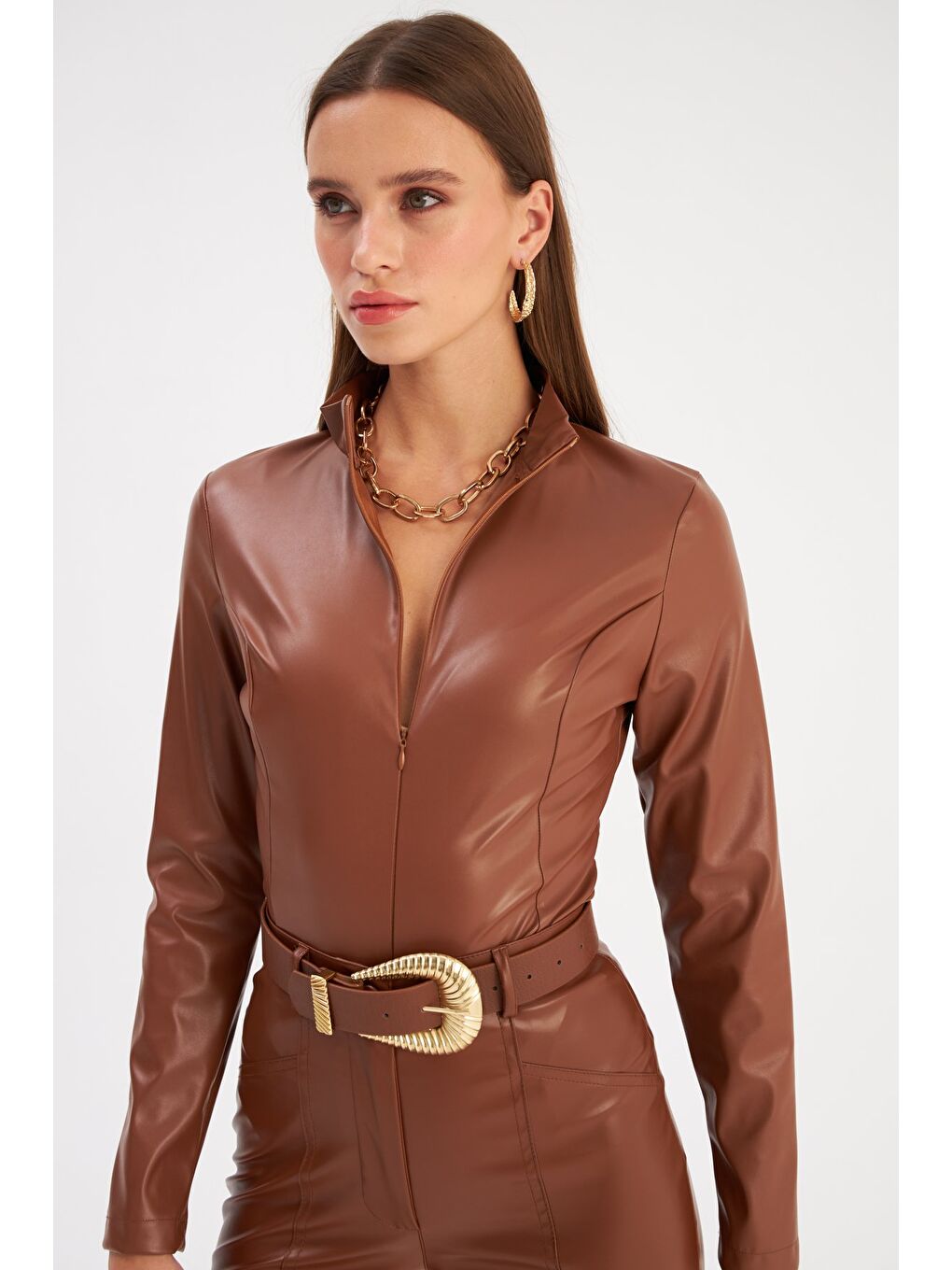 Kahverengi Fermuarlı Deri Bodysuit - Kahve-1
