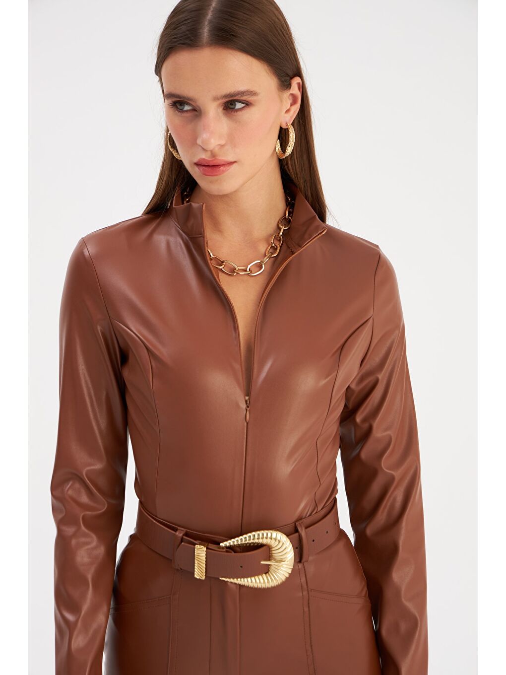 Kahverengi Fermuarlı Deri Bodysuit - Kahve-3