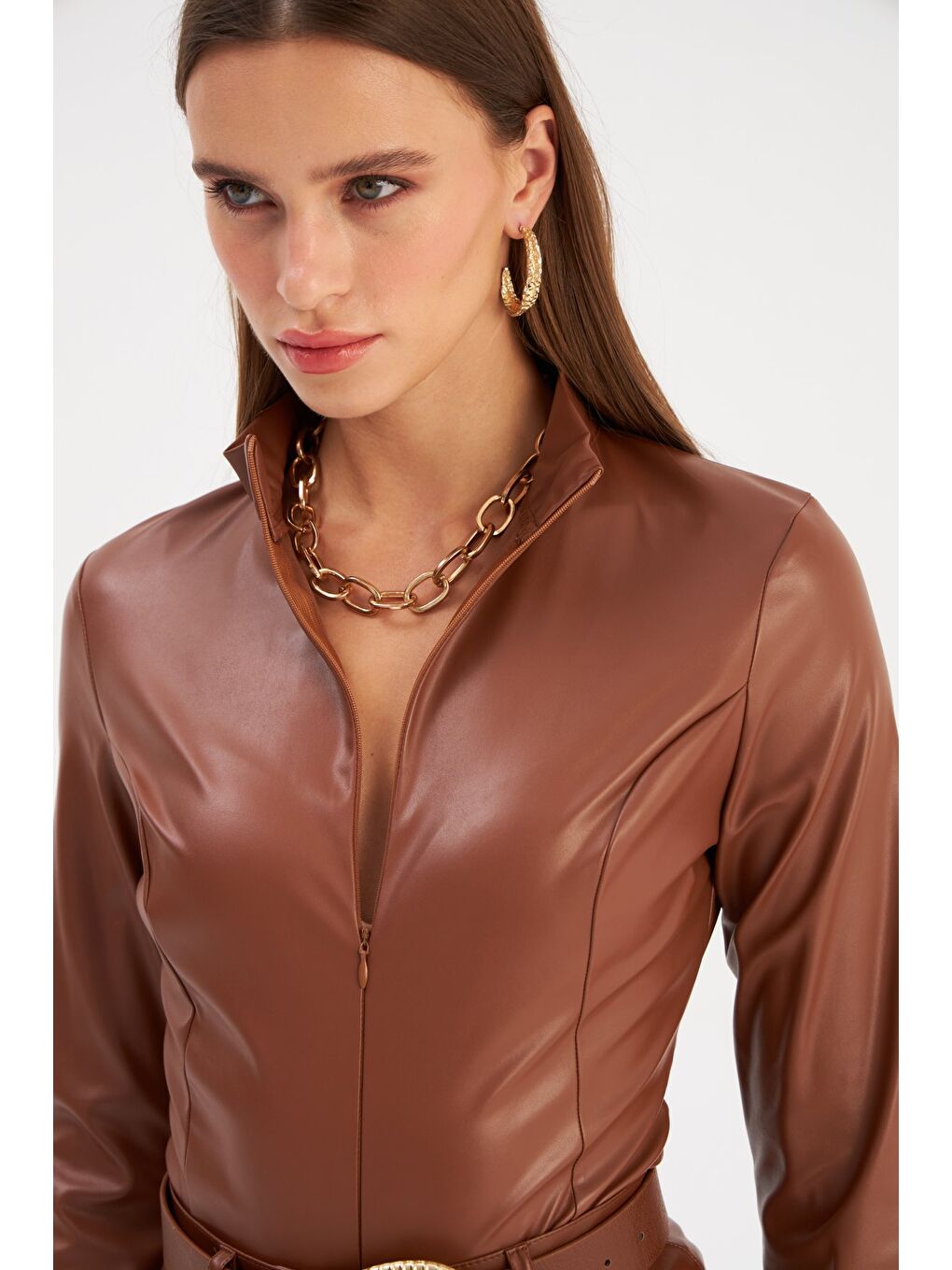 Kahverengi Fermuarlı Deri Bodysuit - Kahve-4