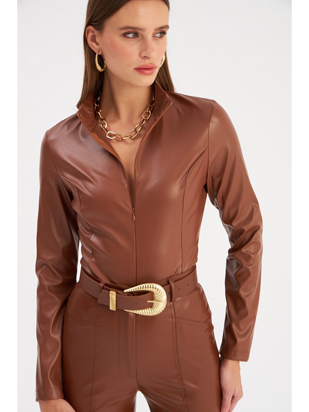 Kahverengi Fermuarlı Deri Bodysuit - Kahve-5