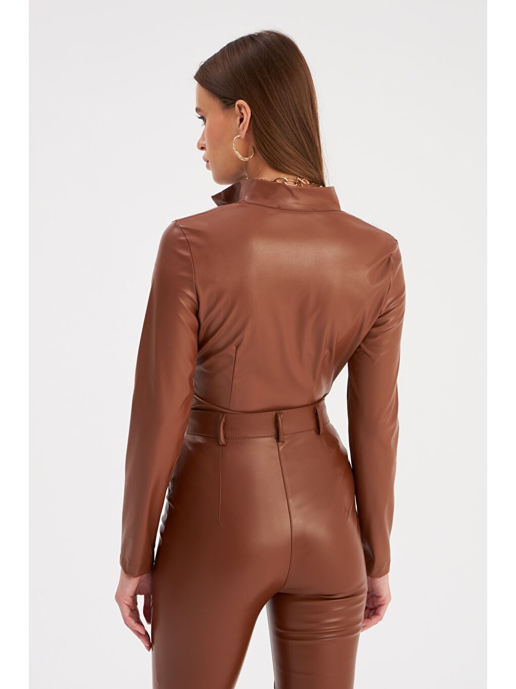 Kahverengi Fermuarlı Deri Bodysuit - Kahve-6