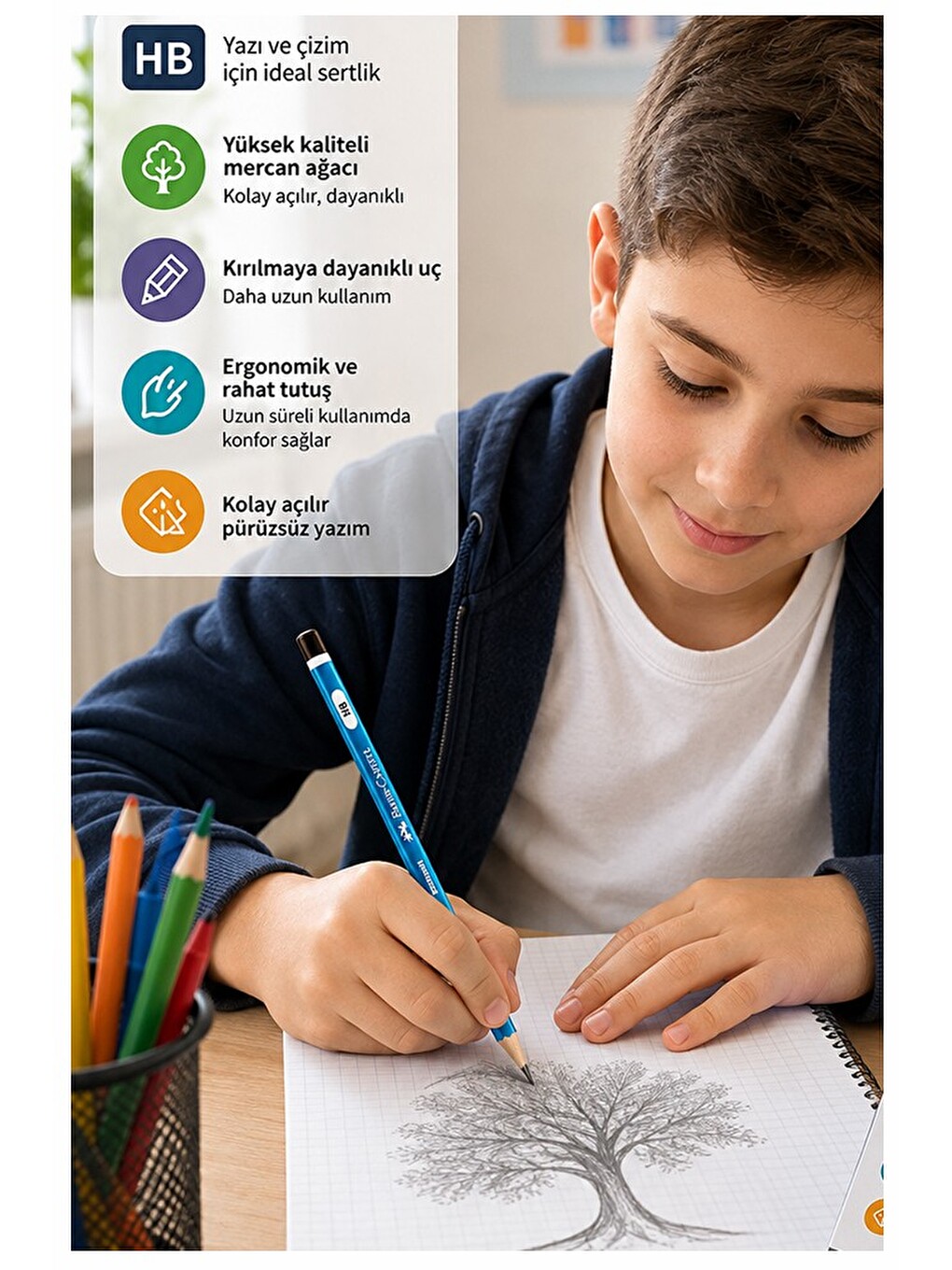 Siyah Kurşun Kalem Mercanlı 3 Adet Faber Castell Mercanlı Kurşun Tahta Kalem Hb Orta Dereceli Öğrenc-2
