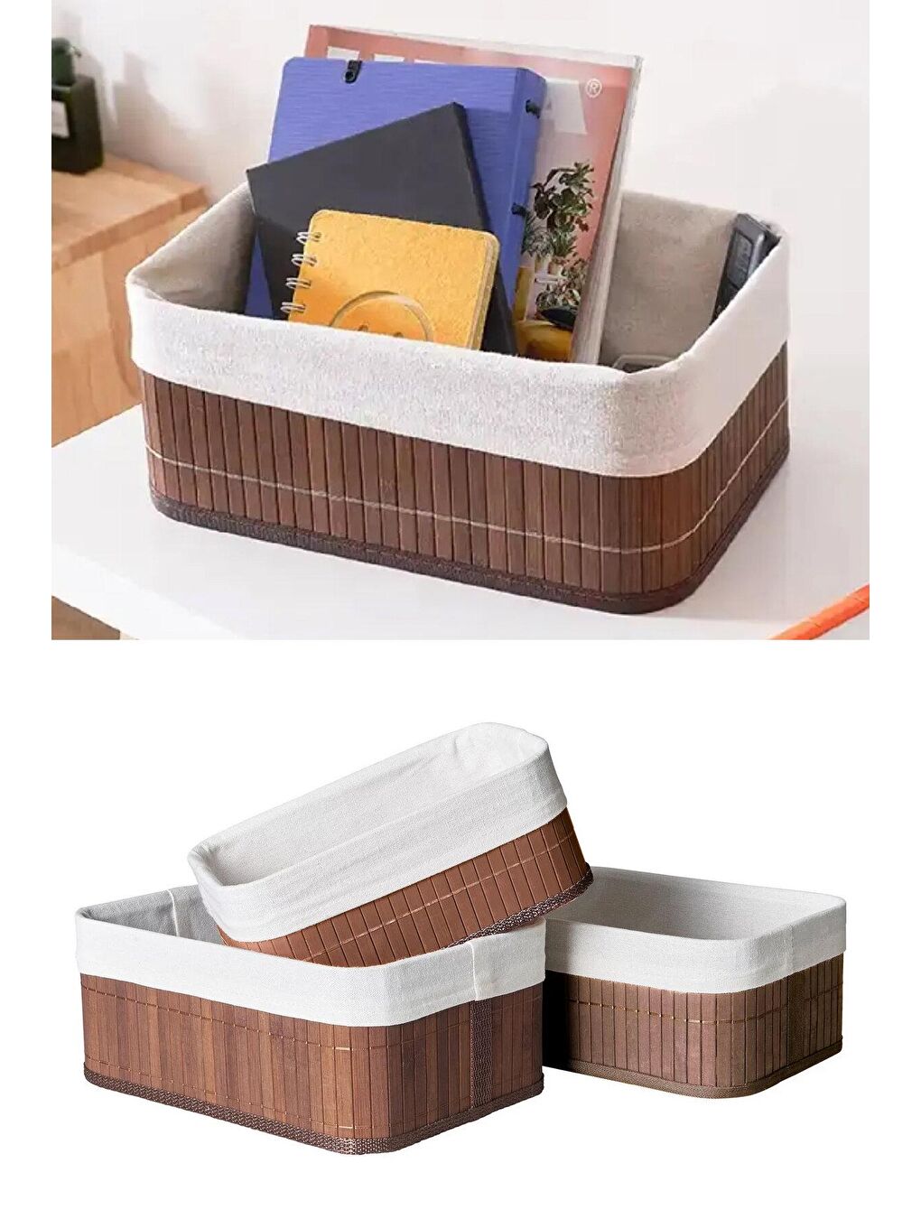 Kahverengi 3'lü Bambu Sepet Naturel Astarlı Çok Amaçlı Saklama Kutusu - Banyo Kozmetik Mutfak Organizeri Kahve-3