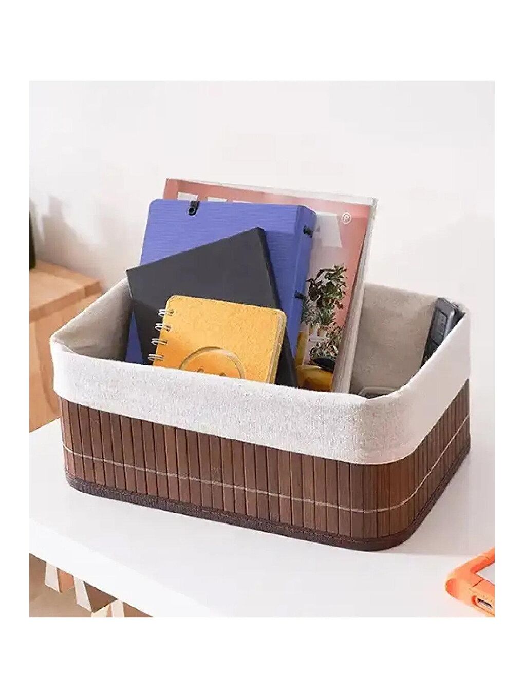 Kahverengi 3'lü Bambu Sepet Naturel Astarlı Çok Amaçlı Saklama Kutusu - Banyo Kozmetik Mutfak Organizeri Kahve-4