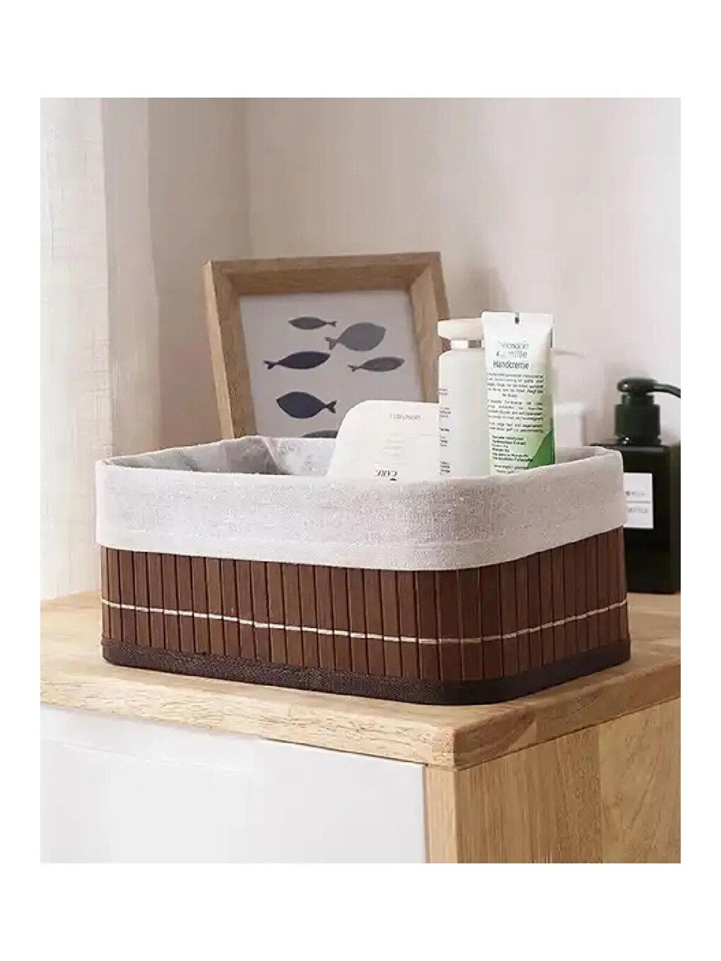 Kahverengi 3'lü Bambu Sepet Naturel Astarlı Çok Amaçlı Saklama Kutusu - Banyo Kozmetik Mutfak Organizeri Kahve-5