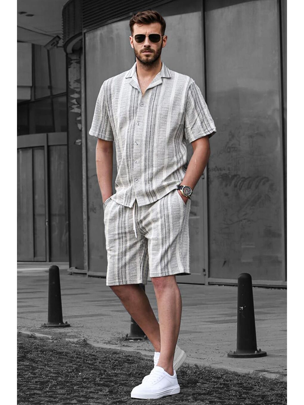 Siyah Çizgili Erkek Şort Takımı 6701