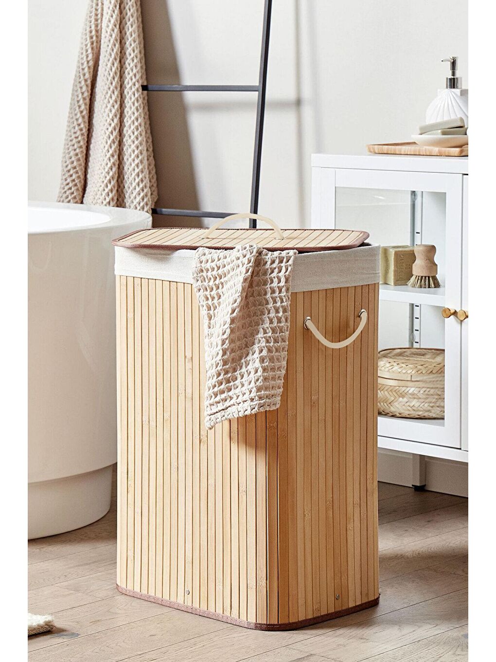 Bambu Çamaşır Sepeti - Mega Boy Katlanabilir Çamaşır Sepeti 40x30x60 Cm Bej 72 Litre