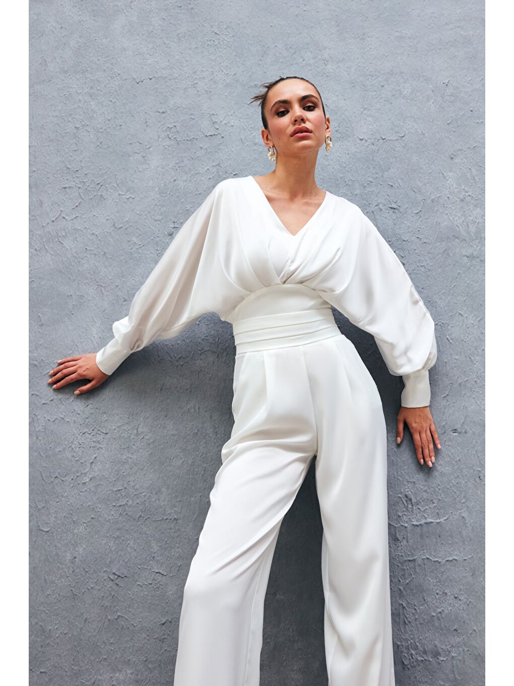 Geniş Kol Saten Bluz - Ekru-5