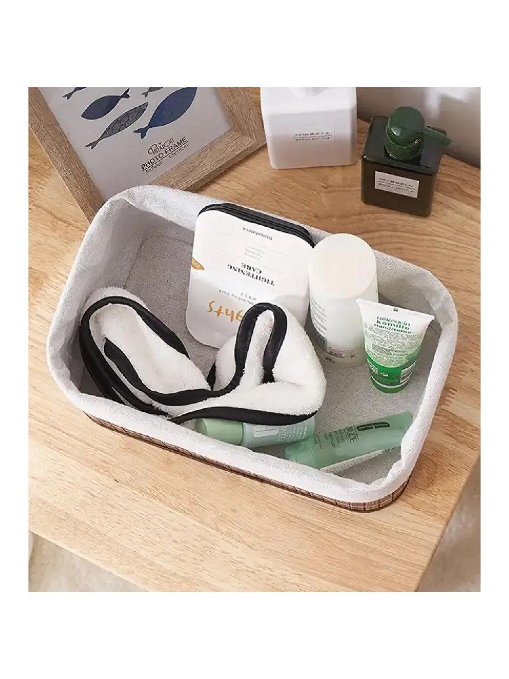 Kahverengi 3'lü Bambu Sepet Naturel Astarlı Çok Amaçlı Saklama Kutusu - Banyo Kozmetik Mutfak Organizeri Kahve-7