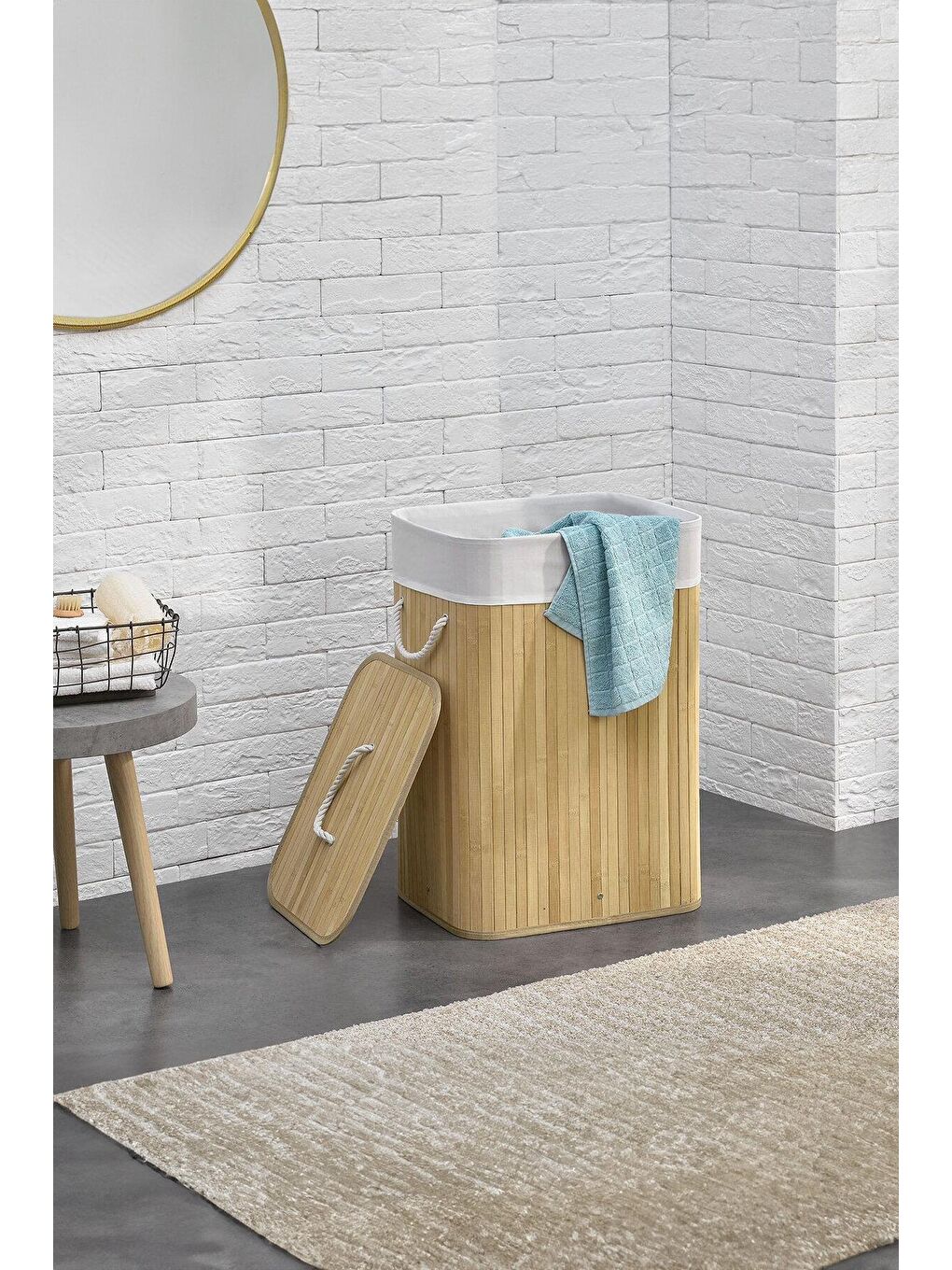 Bambu Çamaşır Sepeti - Mega Boy Katlanabilir Çamaşır Sepeti 40x30x60 Cm Bej 72 Litre-1