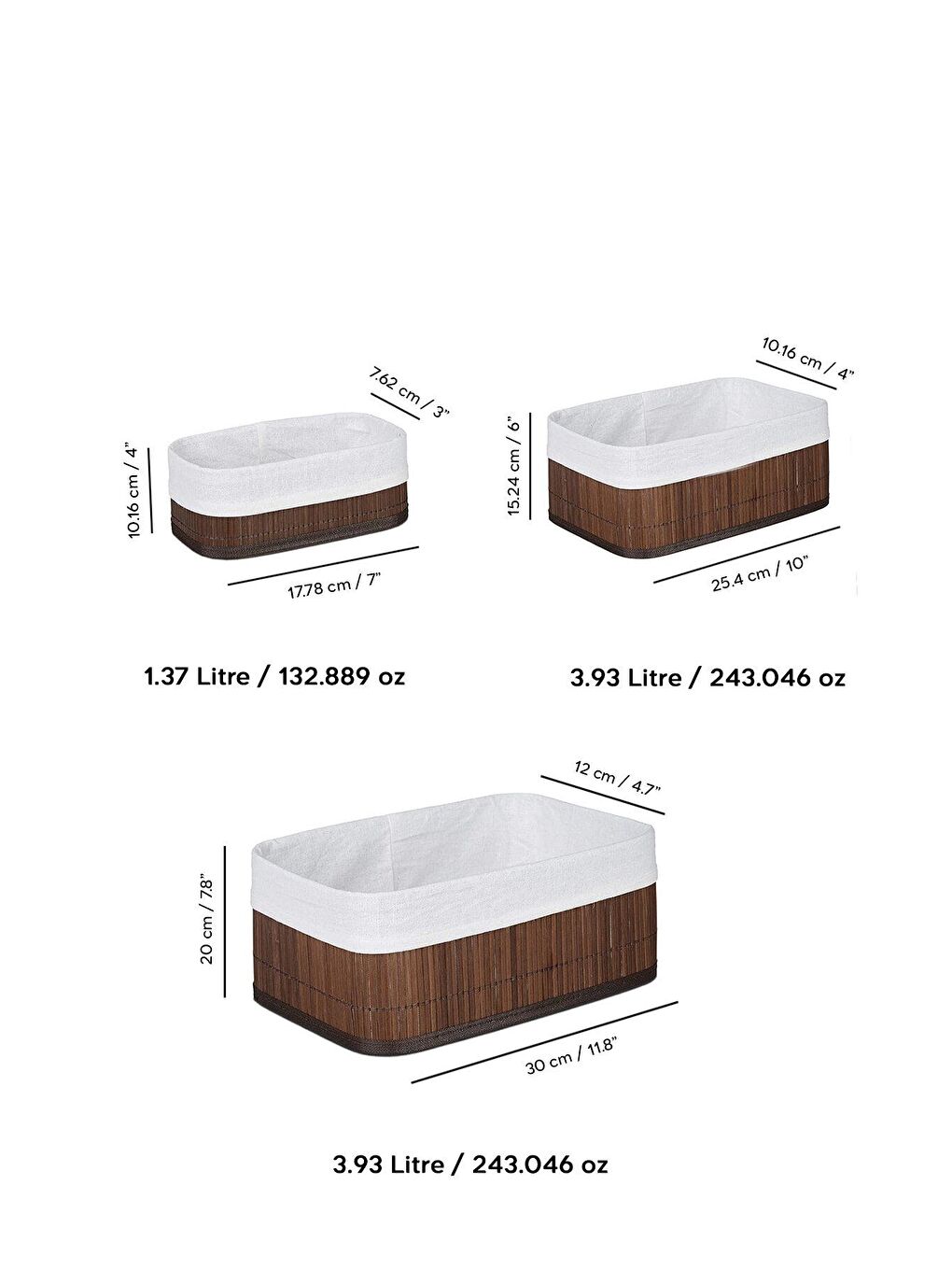Kahverengi 3'lü Bambu Sepet Naturel Astarlı Çok Amaçlı Saklama Kutusu - Banyo Kozmetik Mutfak Organizeri Kahve-8