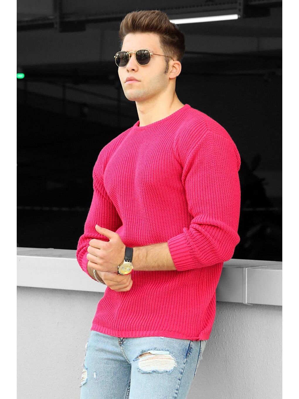 Bisiklet Yaka Fuşyai Örgü Kazak 4518