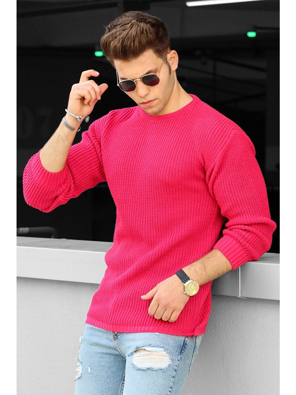 Bisiklet Yaka Fuşyai Örgü Kazak 4518-1