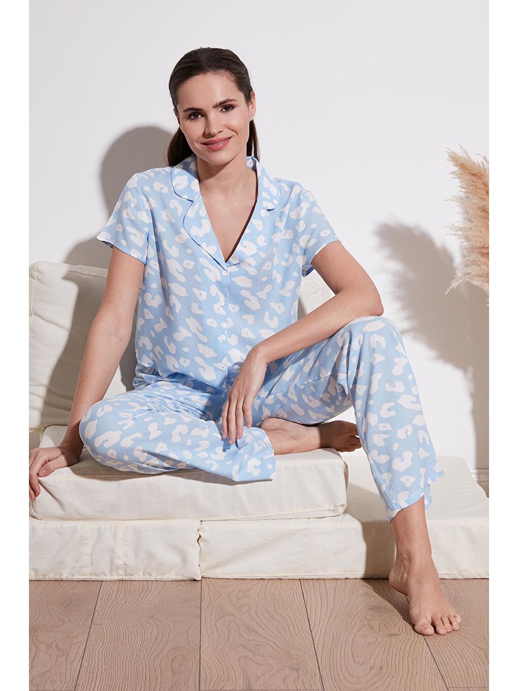 Mavi Rahat Kesim Bol Paça Mono Yaka Kısa Kollu Pijama Takımı 6110290