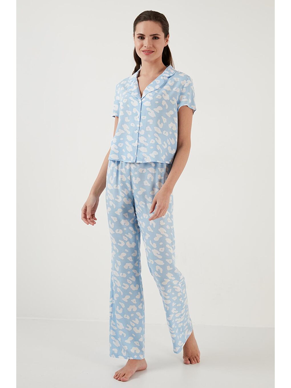 Mavi Rahat Kesim Bol Paça Mono Yaka Kısa Kollu Pijama Takımı 6110290-1