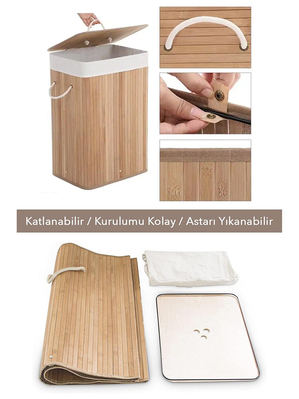 Bambu Çamaşır Sepeti - Mega Boy Katlanabilir Çamaşır Sepeti 40x30x60 Cm Bej 72 Litre-5