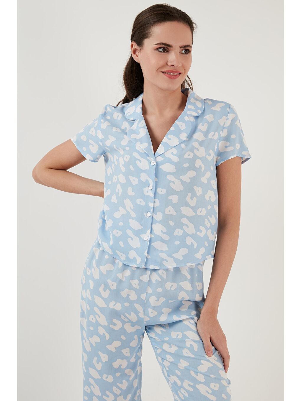 Mavi Rahat Kesim Bol Paça Mono Yaka Kısa Kollu Pijama Takımı 6110290-3