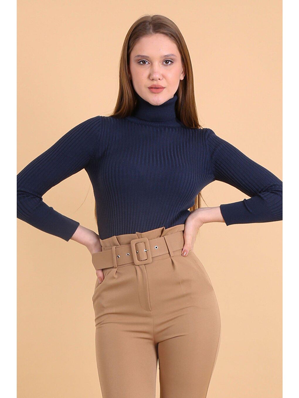 10311 Balıkçı Yaka Triko Kazak - Beyaz - Lacivert-3