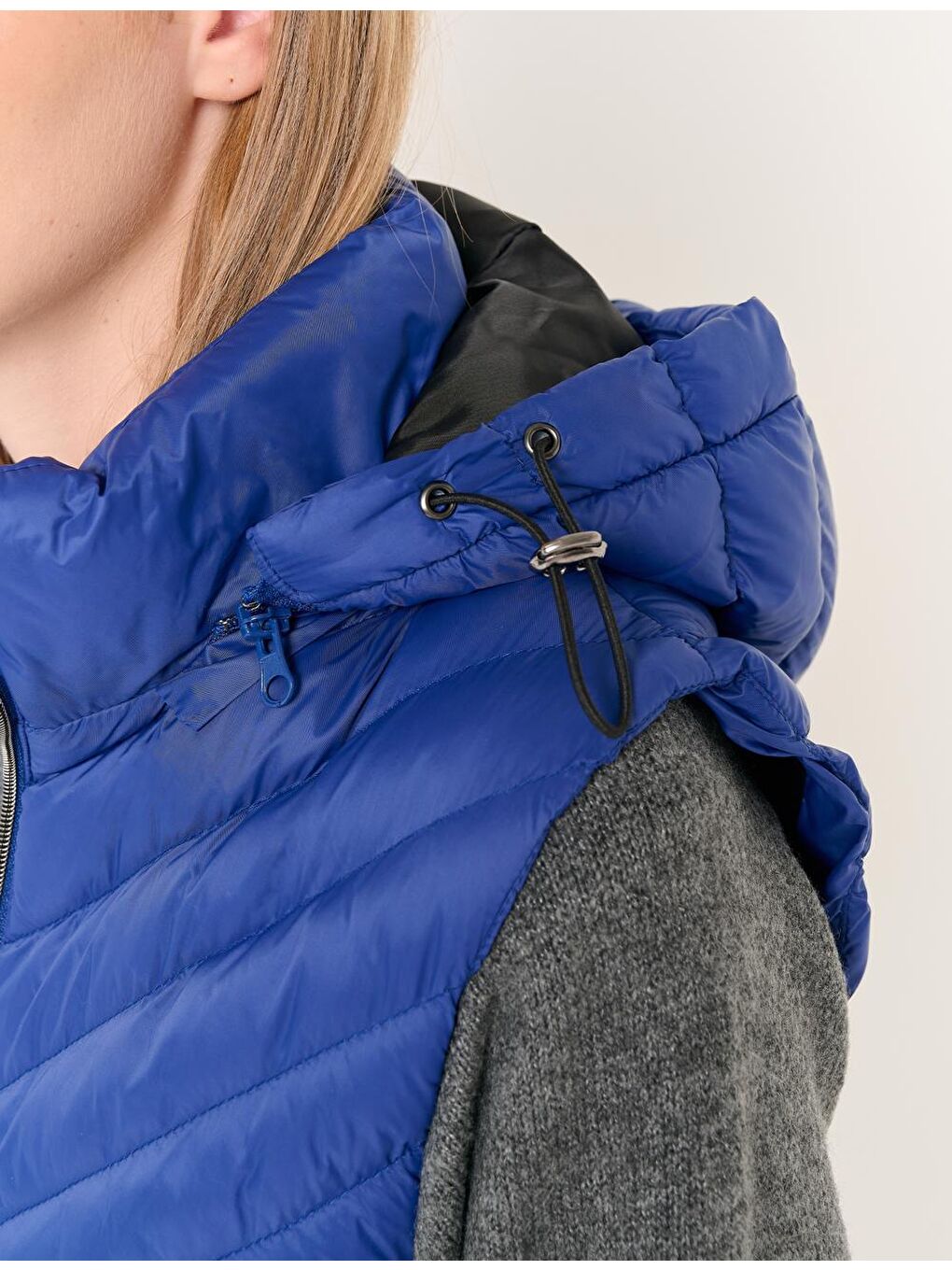 İndigo Mavi Kapüşonlu Fermuarlı Cepli Şişme Yelek Mont-1