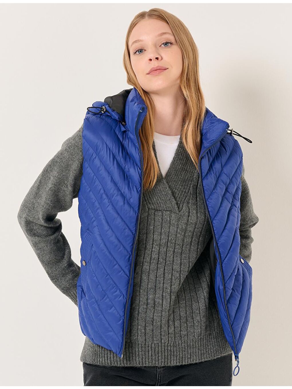 İndigo Mavi Kapüşonlu Fermuarlı Cepli Şişme Yelek Mont-2