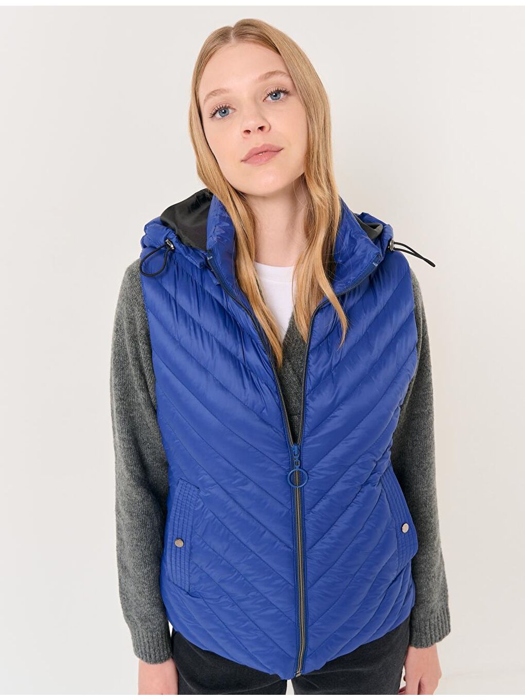 İndigo Mavi Kapüşonlu Fermuarlı Cepli Şişme Yelek Mont-3