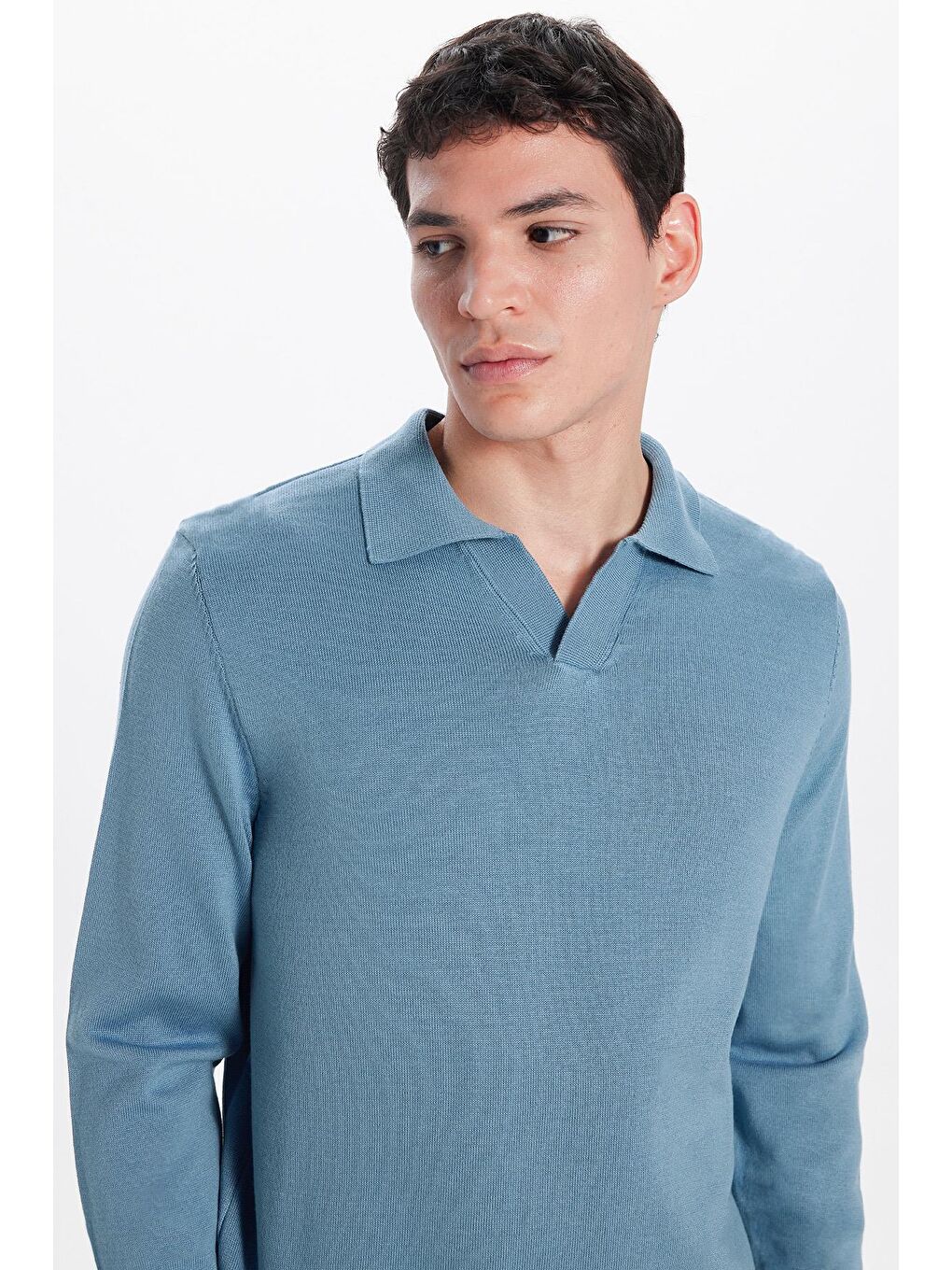 Erkek Standart Fit Normal Kesim Polo V Yaka İndigo Triko Kazak-1