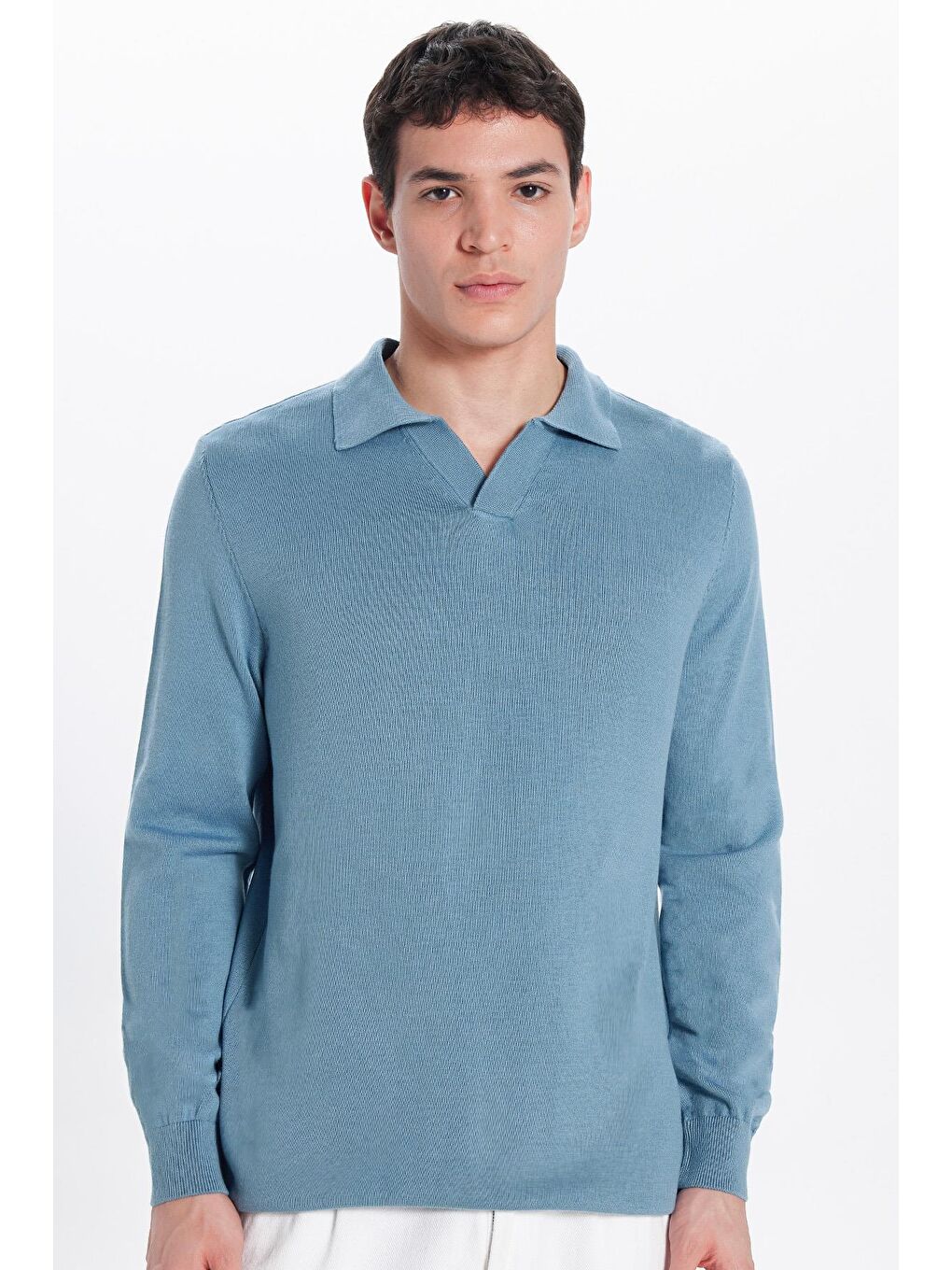 Erkek Standart Fit Normal Kesim Polo V Yaka İndigo Triko Kazak-3