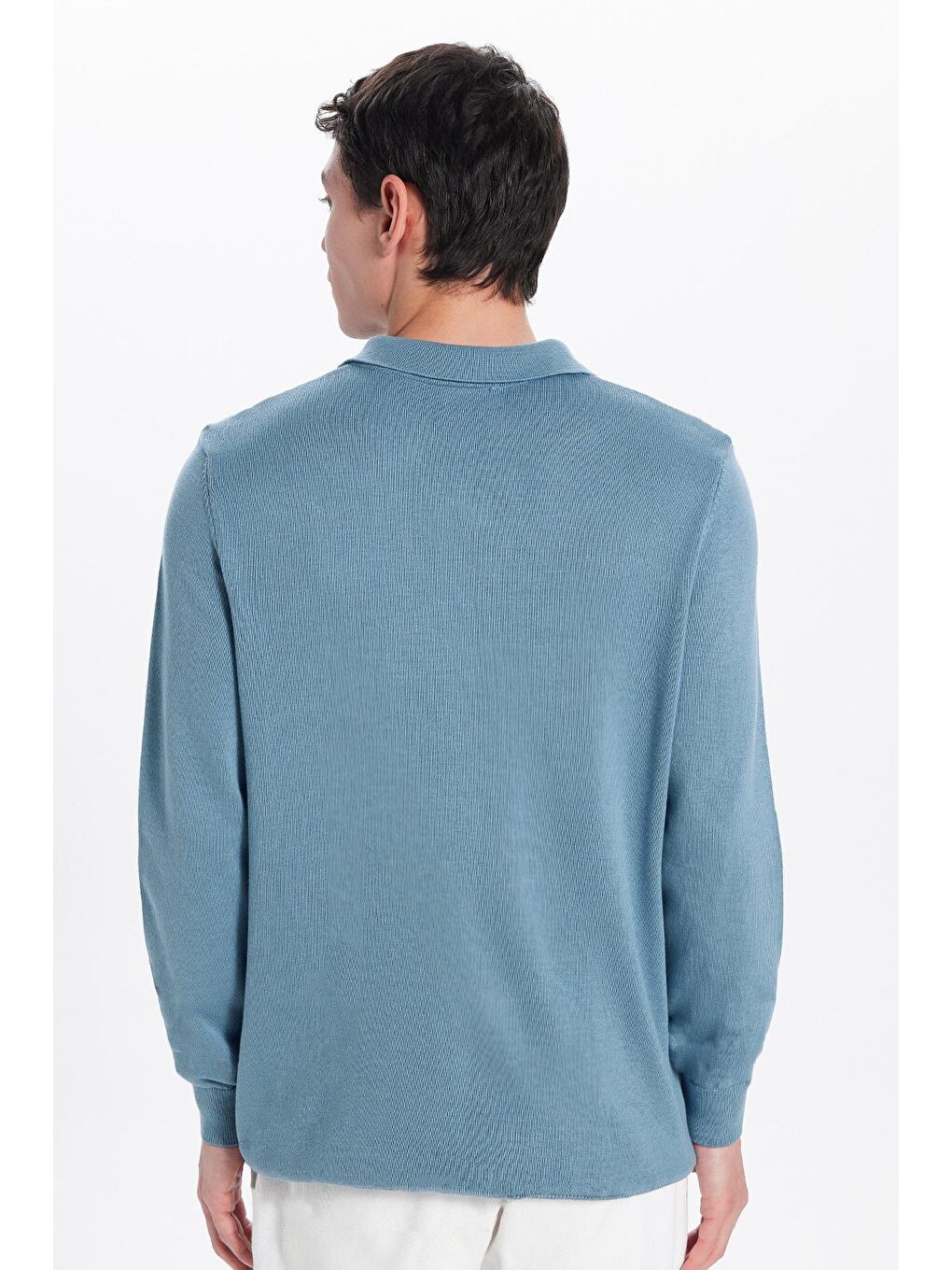 Erkek Standart Fit Normal Kesim Polo V Yaka İndigo Triko Kazak-4