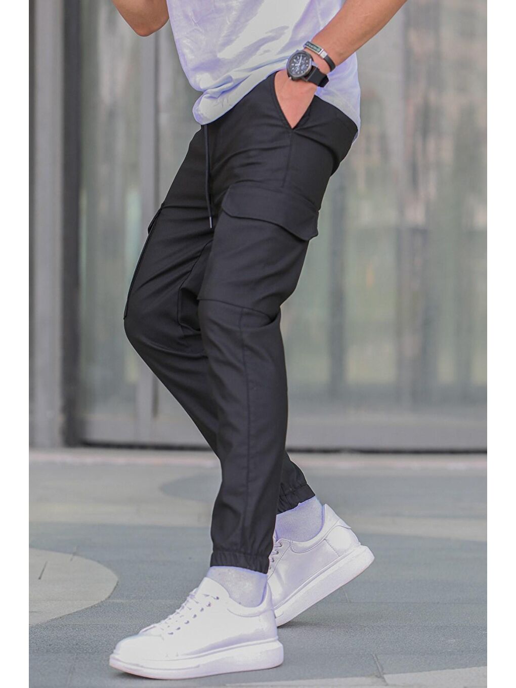 Siyah Kargo Cep Erkek Jogger Pantolon 5463-1