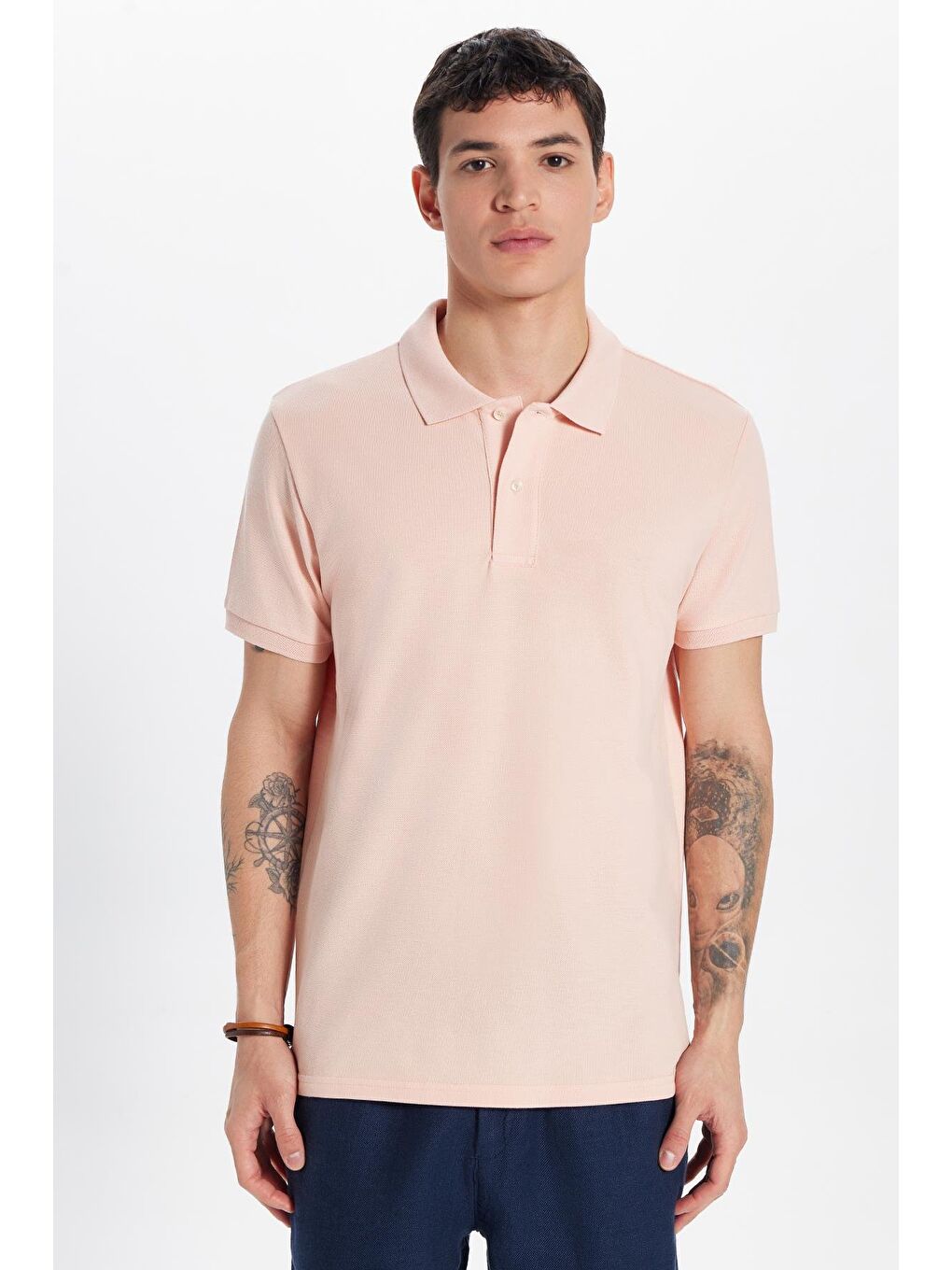 Pembe Erkek Slim Fit Dar Kesim %100 Pamuk Somon Polo Yaka Tişört-3