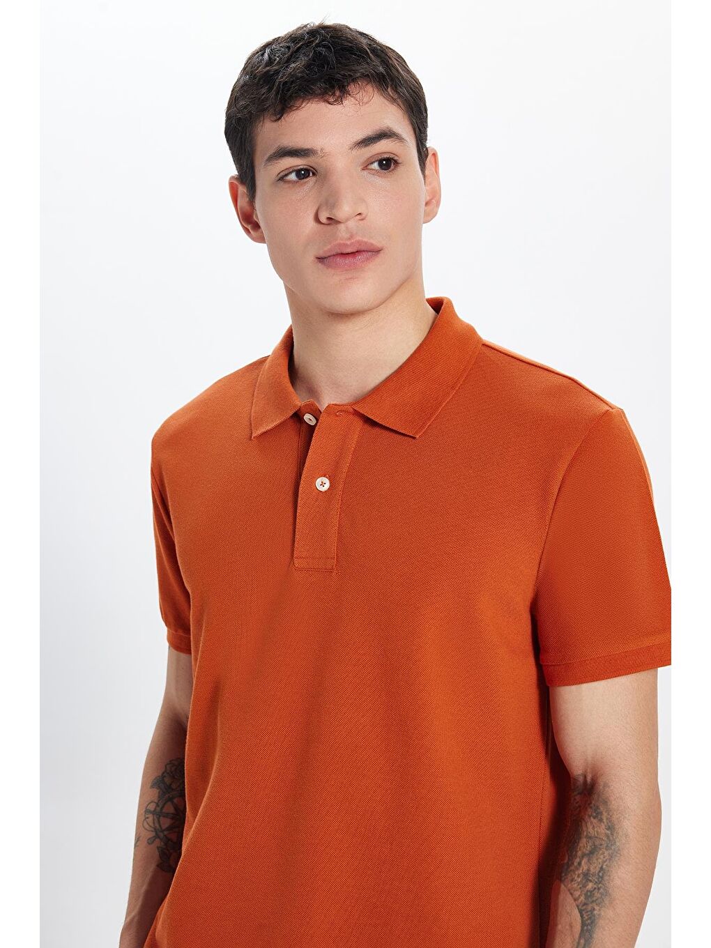 Kahverengi Erkek Slim Fit Dar Kesim %100 Pamuk Kiremit Polo Yaka Tişört-1