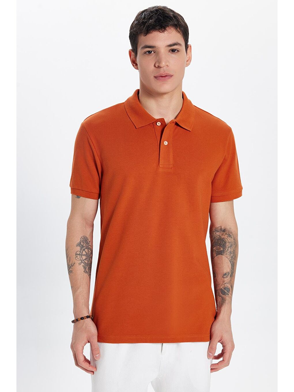 Kahverengi Erkek Slim Fit Dar Kesim %100 Pamuk Kiremit Polo Yaka Tişört-3