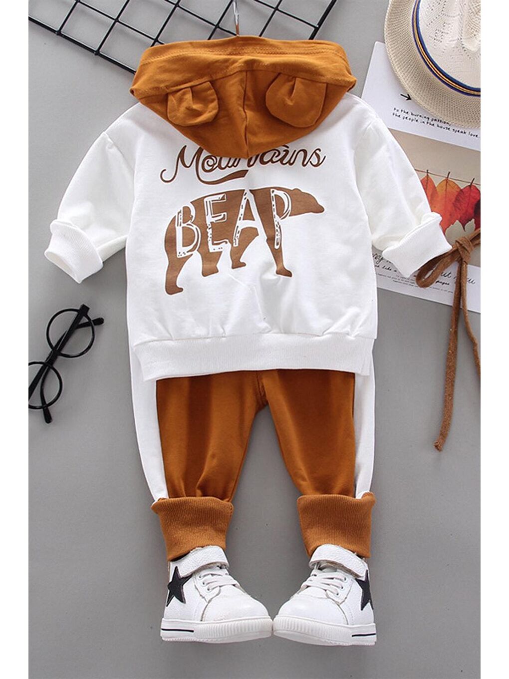 Mai Perla Kahverengi Bear Baskılı 2'li Unisex Bebek Takım Beyaz-kahverengi