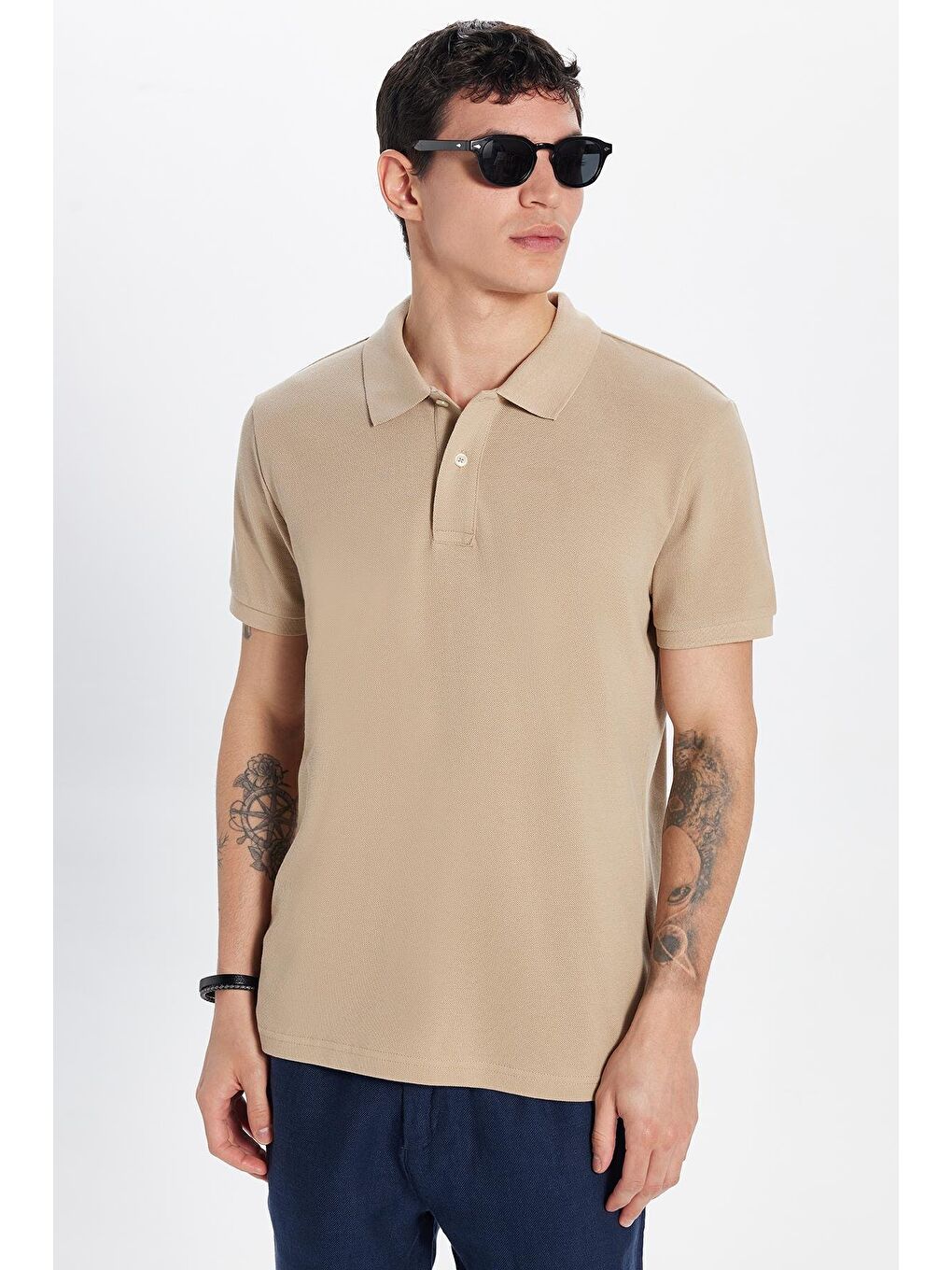 Erkek Slim Fit Dar Kesim %100 Pamuk Bej Polo Yaka Tişört