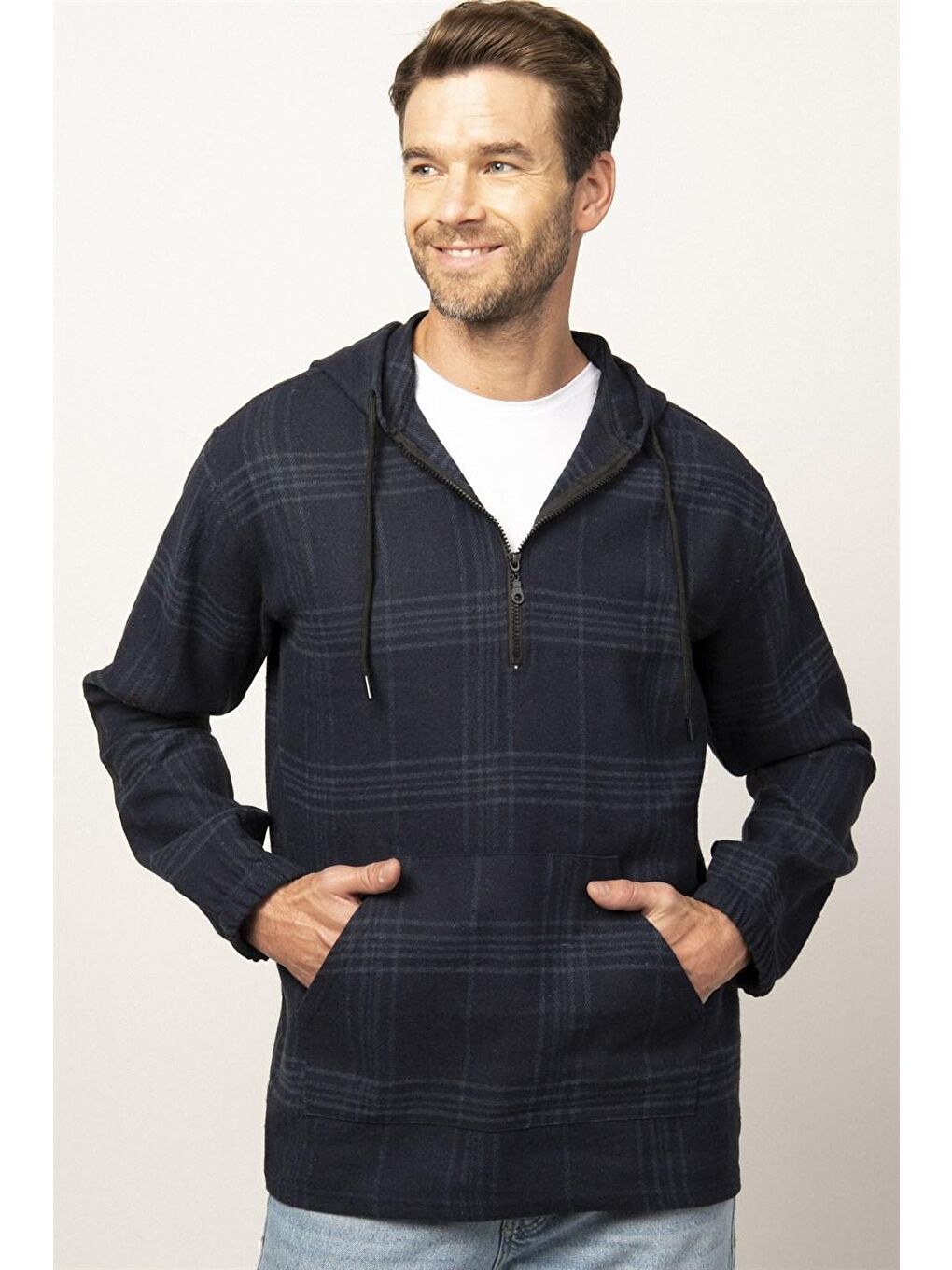 Relax Fit Kışlık Oduncu Ekose Kanguru Cepli Kapüşonlu Lacivert Fermuarlı Erkek Gömlek