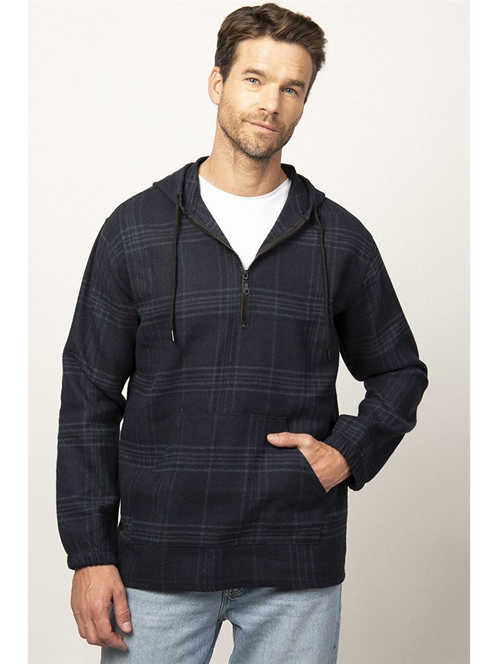 Relax Fit Kışlık Oduncu Ekose Kanguru Cepli Kapüşonlu Lacivert Fermuarlı Erkek Gömlek-1
