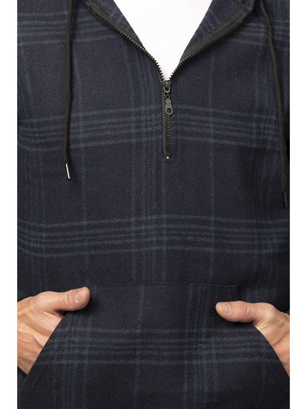 Relax Fit Kışlık Oduncu Ekose Kanguru Cepli Kapüşonlu Lacivert Fermuarlı Erkek Gömlek-2