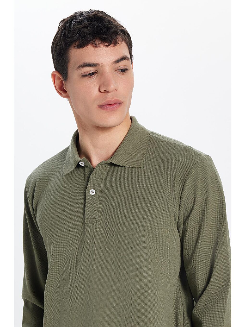 Erkek Standart Fit  Pamuklu Yumuşak Dokulu Düz Pike Uzun Kollu Haki Polo Yaka Tişört