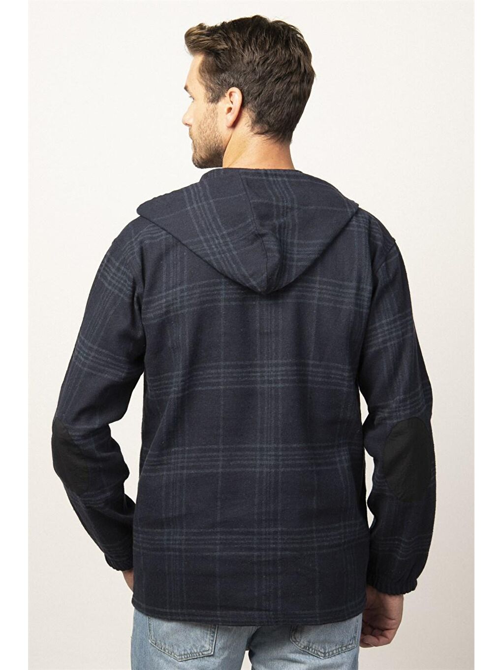 Relax Fit Kışlık Oduncu Ekose Kanguru Cepli Kapüşonlu Lacivert Fermuarlı Erkek Gömlek-3