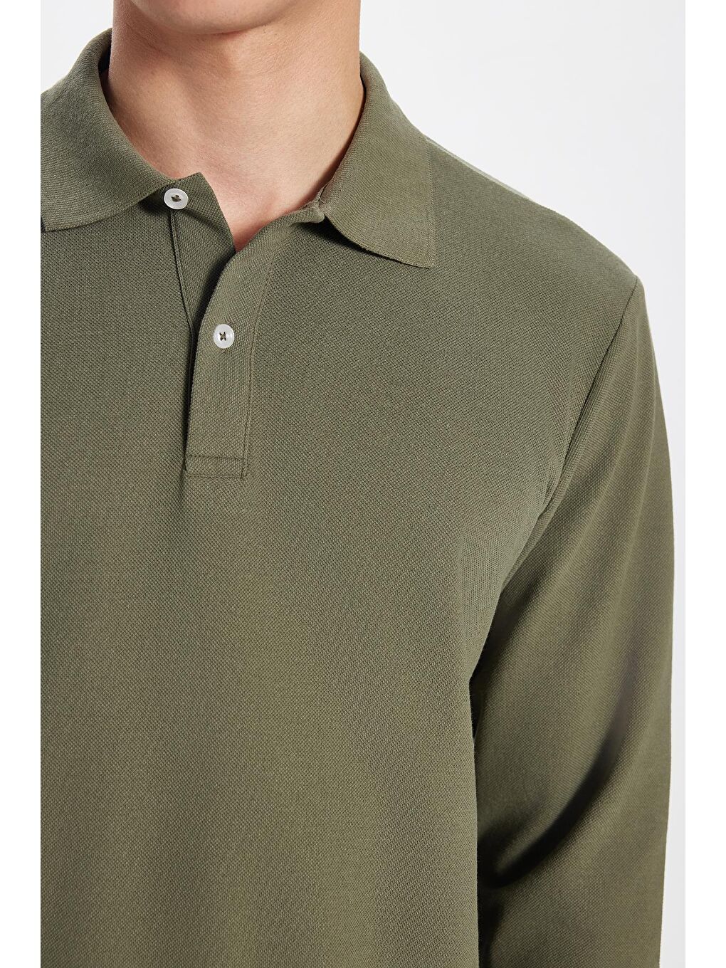 Erkek Standart Fit  Pamuklu Yumuşak Dokulu Düz Pike Uzun Kollu Haki Polo Yaka Tişört-2