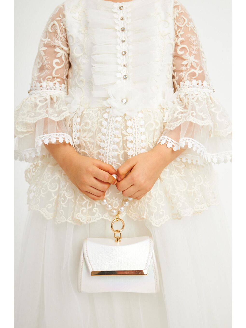 Ekru Yakası Ve Kolları Boncuklu Çantalı Abiye-1